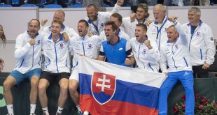 slovenskí reprezentanti oslavujú víťazstvo 3:1 v zápase 1. svetovej skupiny Davisovho pohára