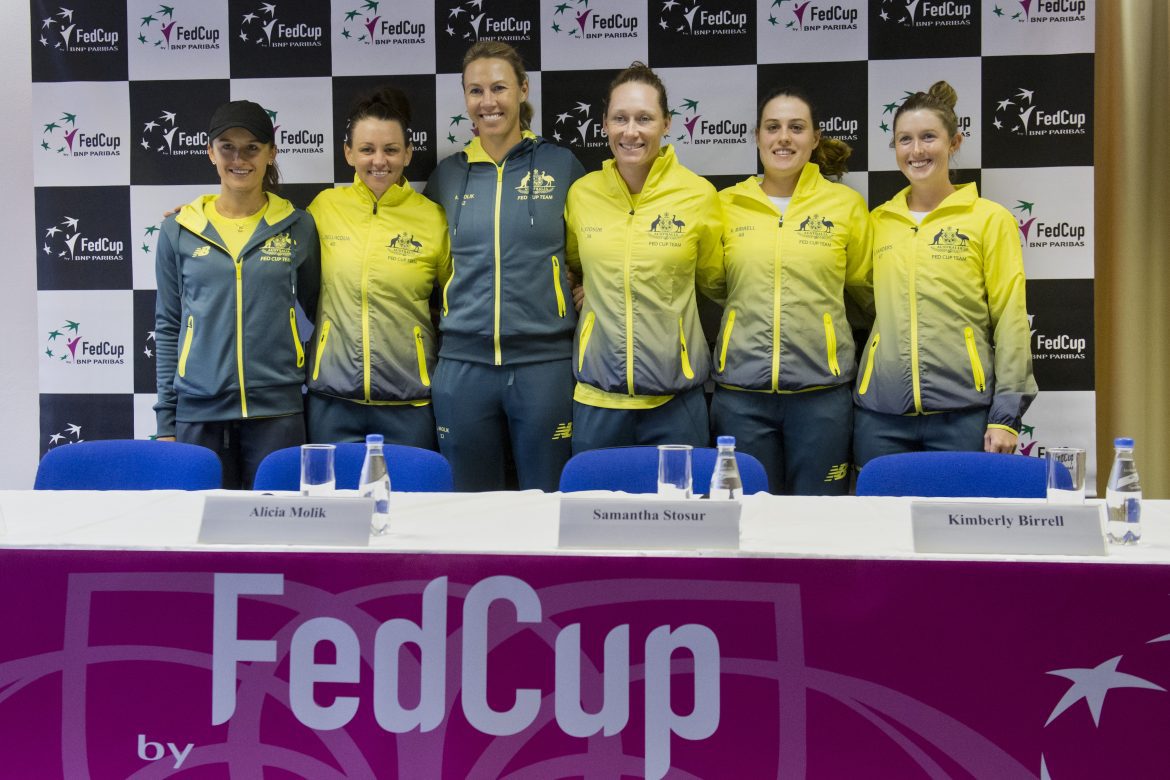 Storm Sandersová, Kimberly Birrellová, Samantha Stosurová, kapitánka Alicia Moliková, Casey Dellacquová, Arina Rodionová, Austrália, Fed Cup